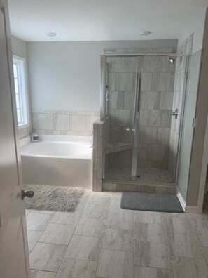 Combined shower/tub, hair dryer, towels, soap