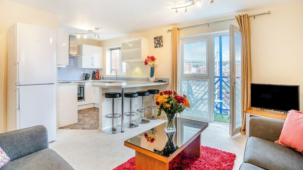 A modern apartment with a kitchen, dining area, and living room. It includes a large window, a flat-screen TV, and a red rug.