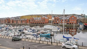 A marina with numerous boats docked, a road with a car, and buildings in the background.