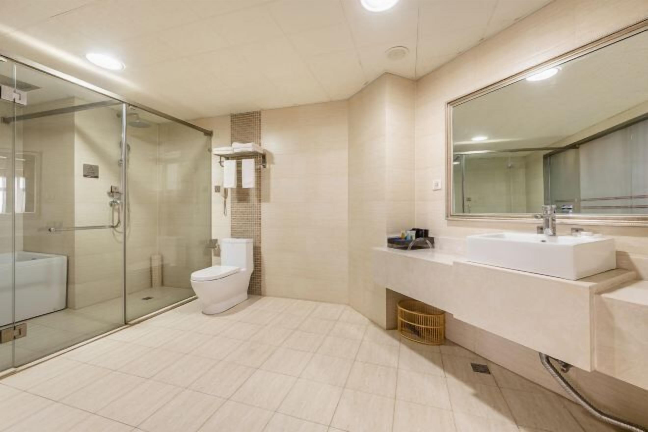 A modern bathroom with a glass-enclosed shower, a white toilet, and a large mirror above the sink.