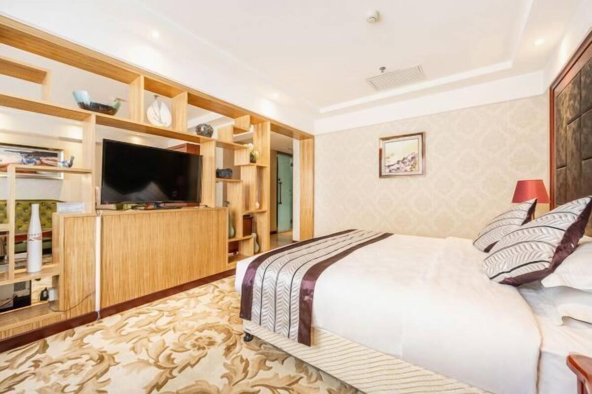 Un dormitorio con una cama grande, televisor, estanterías de madera y una alfombra estampada.