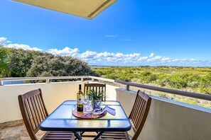A balcony with a table set for two, a bottle of wine, and a potted plant. - Pelicans Point (St. Augustine)