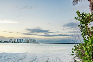 Una playa con huellas que se adentran en el agua, un horizonte urbano al fondo y una palmera a la derecha.