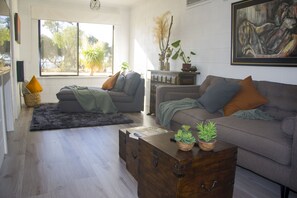 Smart TV, fireplace, Netflix, books