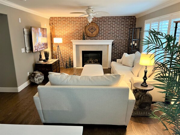 Smart TV, fireplace, DVD player, books