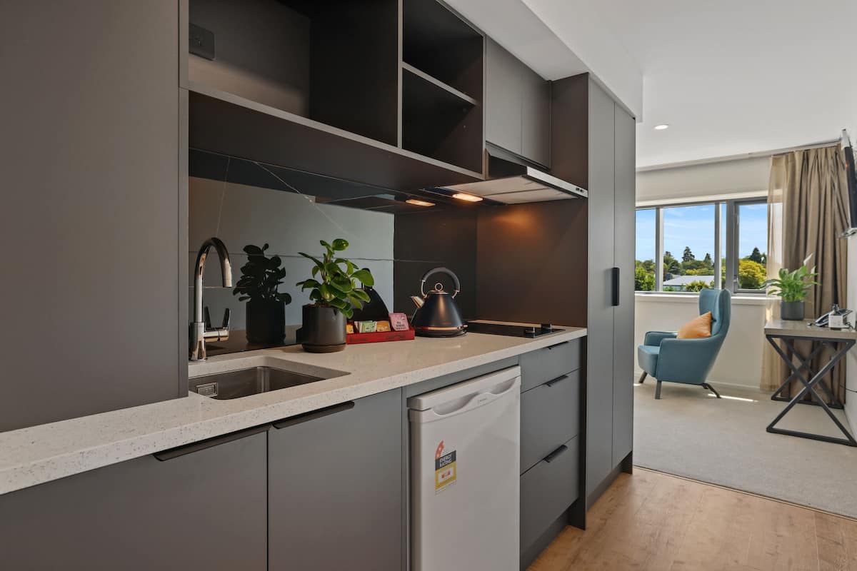 mini-fridge, microwave, stovetop, coffee/tea maker