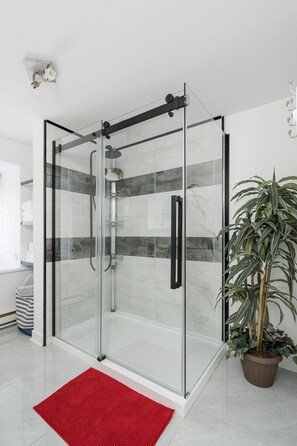 Bañera con ducha, secador de pelo, toallas, jabón