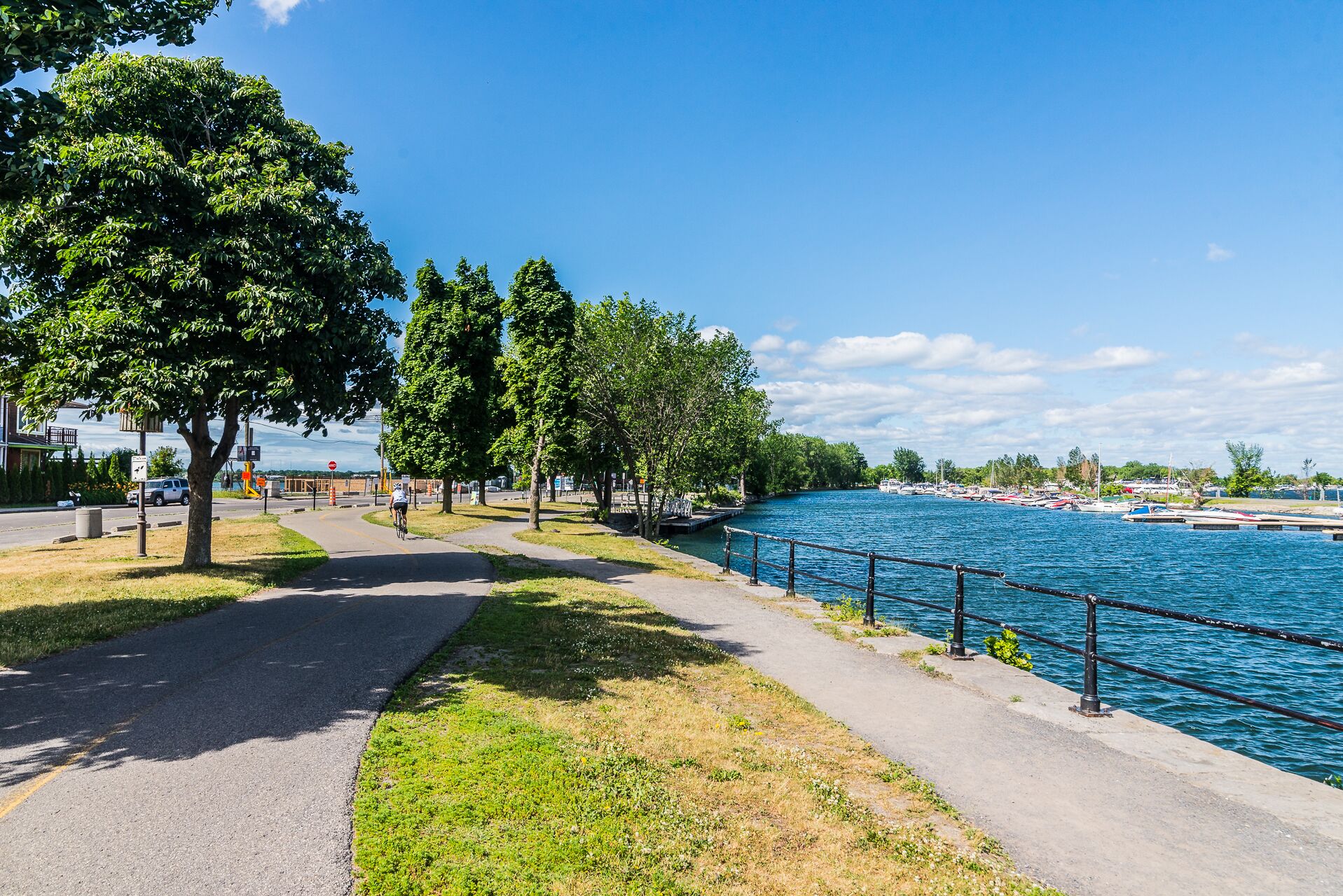 A riverside walkway with a paved path, trees, and a view of boats on the water.