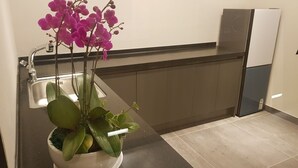 Una cocina con un lavamanos, un refrigerador y una orquídea en maceta.