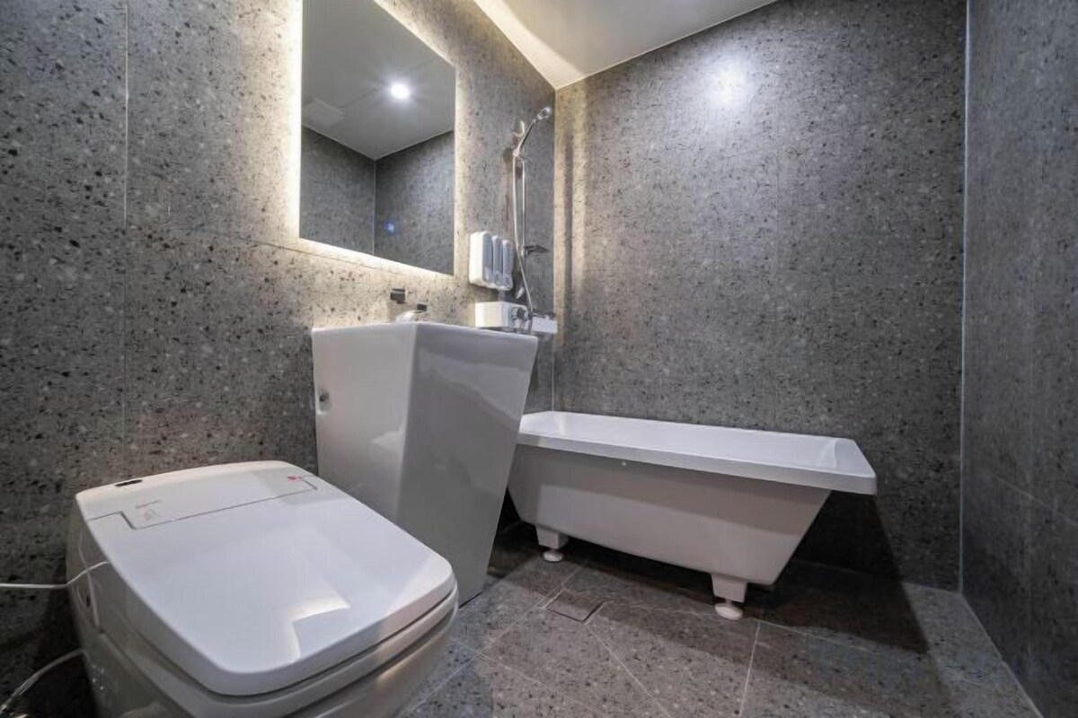 Separate tub and shower, hair dryer, bathrobes, bidet