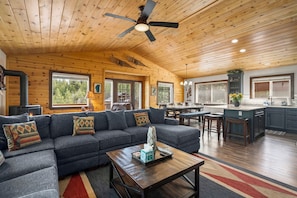 Smart TV, fireplace, books