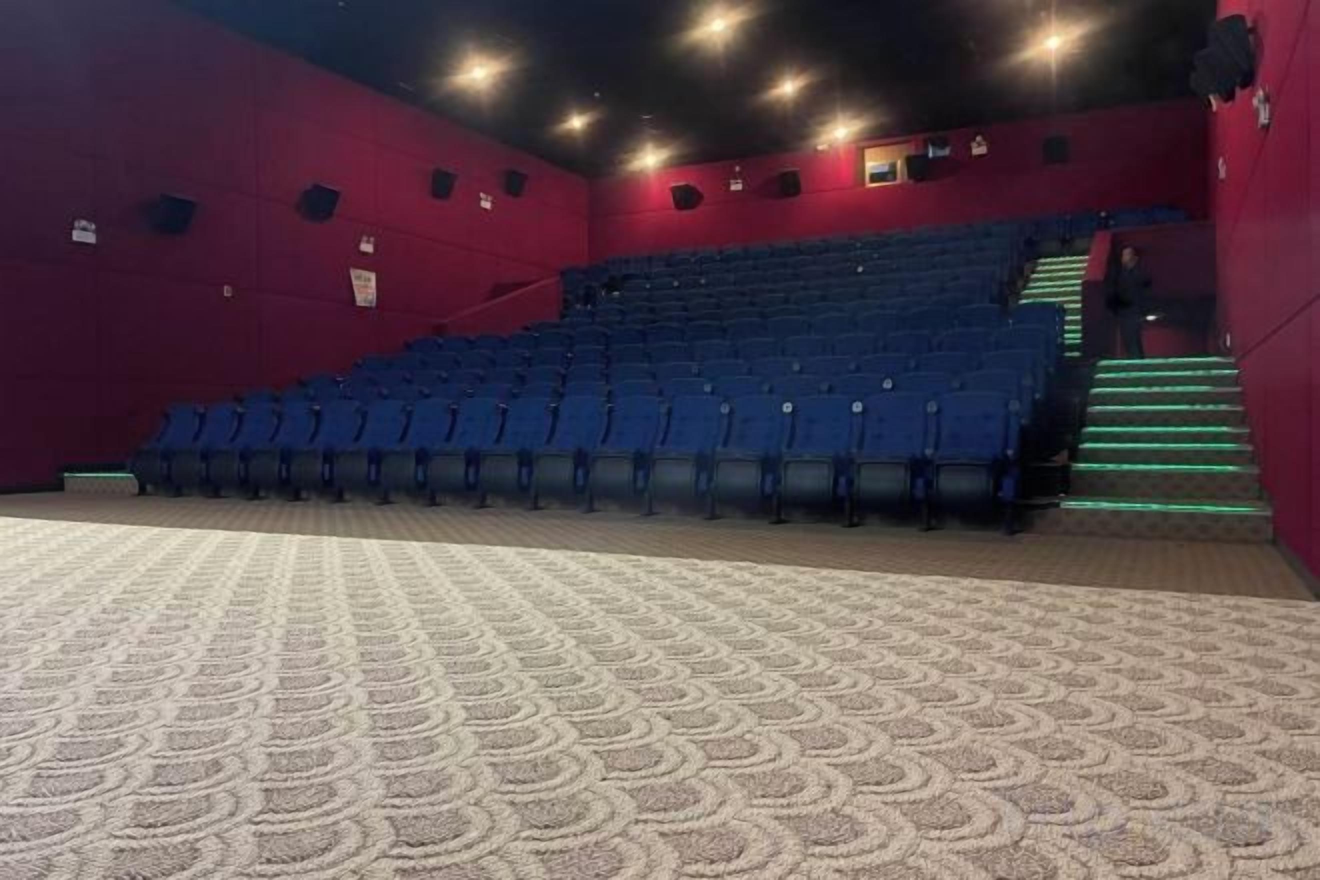 Een theater met rijen blauwe zitplaatsen, een vloerbedekking en een trap met groene verlichting.