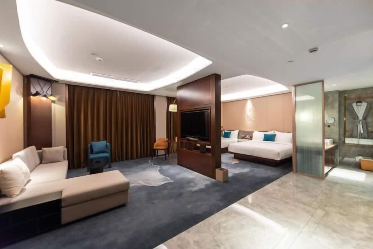 Habitació d'hotel moderna amb sostre corbat, un sofà, televisió, llit i bany amb dutxa de vidre.