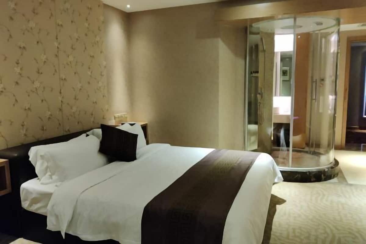 Habitació d'hotel amb un llit, una dutxa tancada amb vidre i un mur amb un disseny.