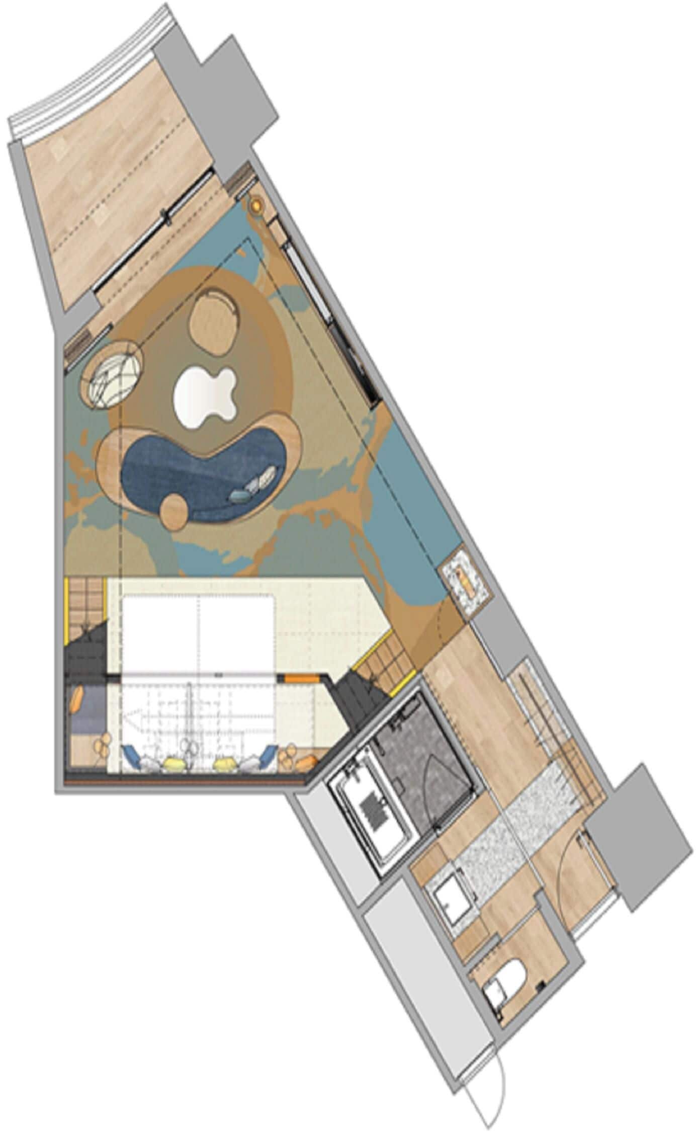 Plano de planta de un hotel que incluye piscina, gimnasio y comedor.