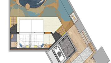 Plano de planta de un hotel que incluye piscina, gimnasio y comedor.