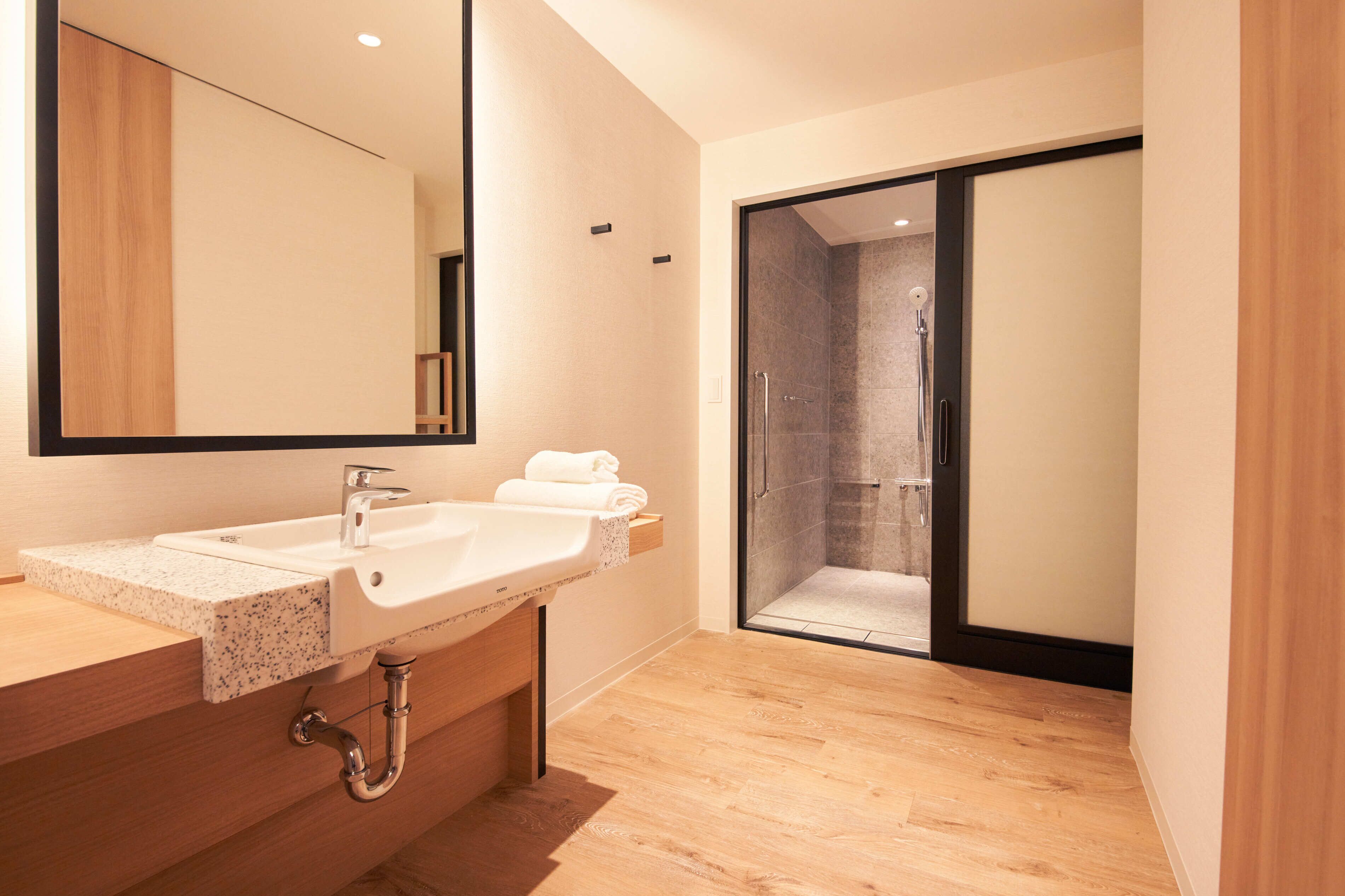 A modern bathroom with a dual sink vanity, a large mirror, and a walk-in shower.