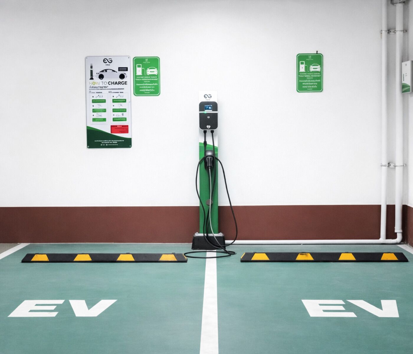 An electric vehicle charging station with instructional signage, a green floor with 'EV' markings, and a wall-mounted electrical box.