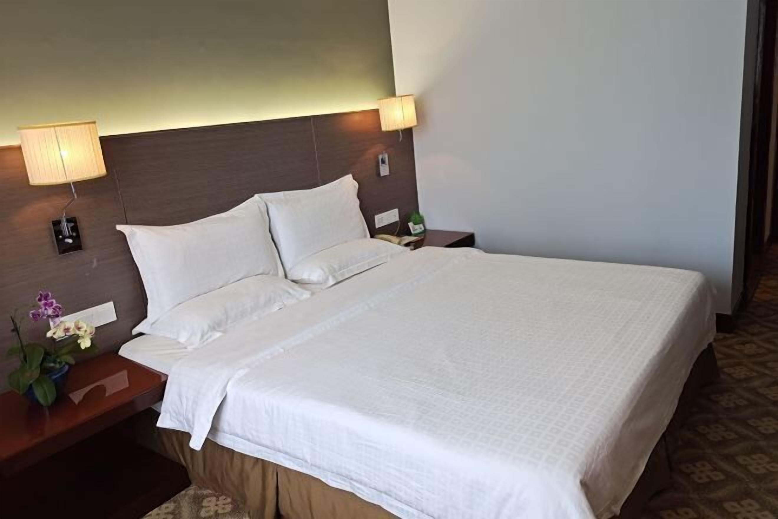 A hotel room with a large bed, two bedside tables, a nightstand, and a wall-mounted lamp.