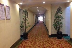 A hotel hallway with a carpeted floor, potted plants, and a long corridor leading to a bright end. - GreenTree Inn (Kunming South High-speed Railway Station Shilin Street) (Kunming)