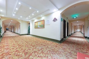 Um corredor de hotel com carpete estampado, iluminação embutida e um quadro na parede.