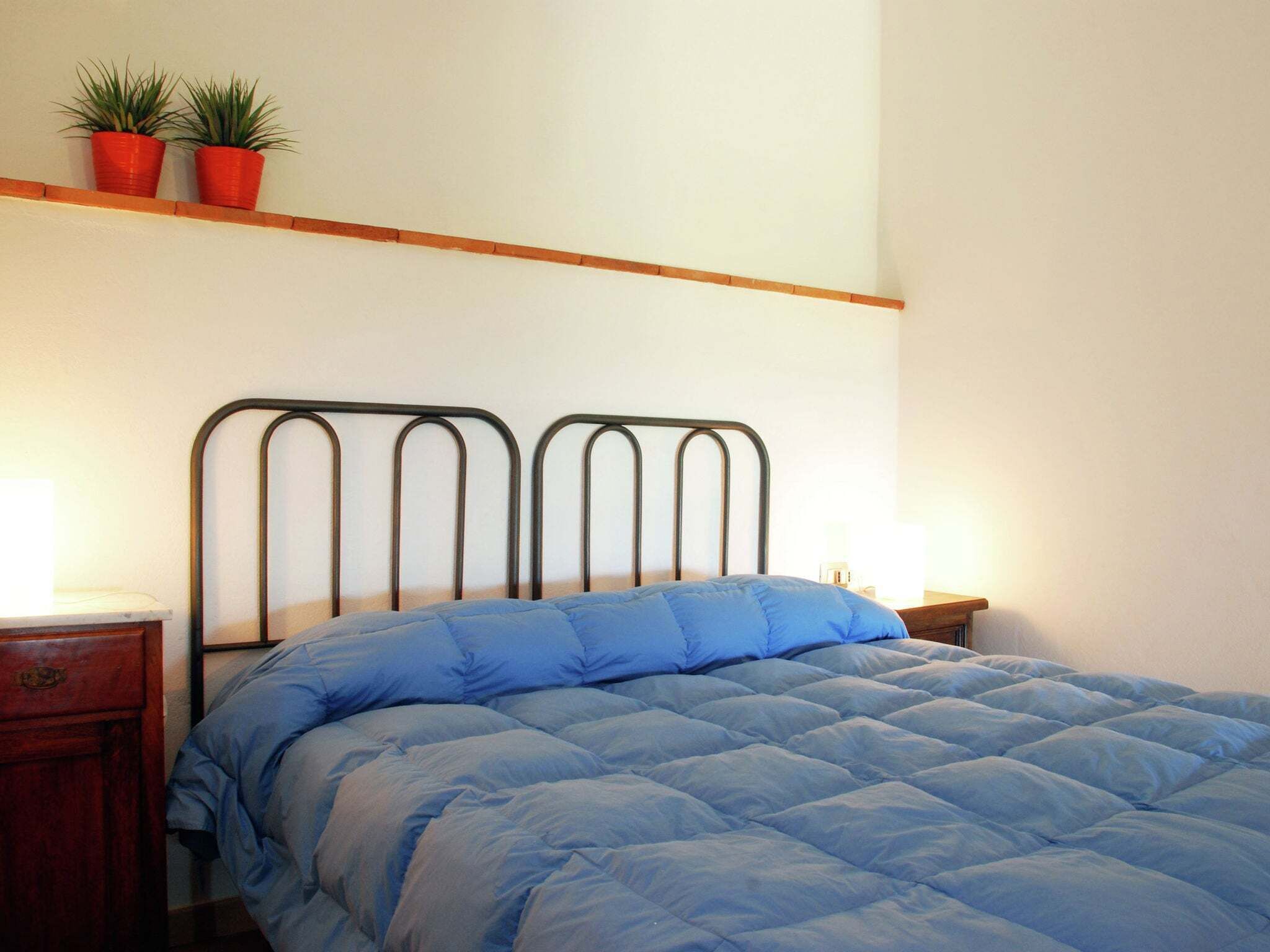 Een slaapkamer met een bed, twee nachtkastjes, een wandplank met twee potplanten en een plank aan de muur.
