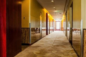 A long, narrow hotel corridor with a patterned carpet, glass doors, and a red wall on one side. - Jiu Long International Hotel (Mengcheng)
