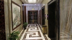 A marble-floored hallway with framed artwork, a potted plant, and a door with a glass panel.