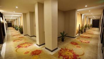 A hotel corridor with a carpeted floor, columns, and potted plants.