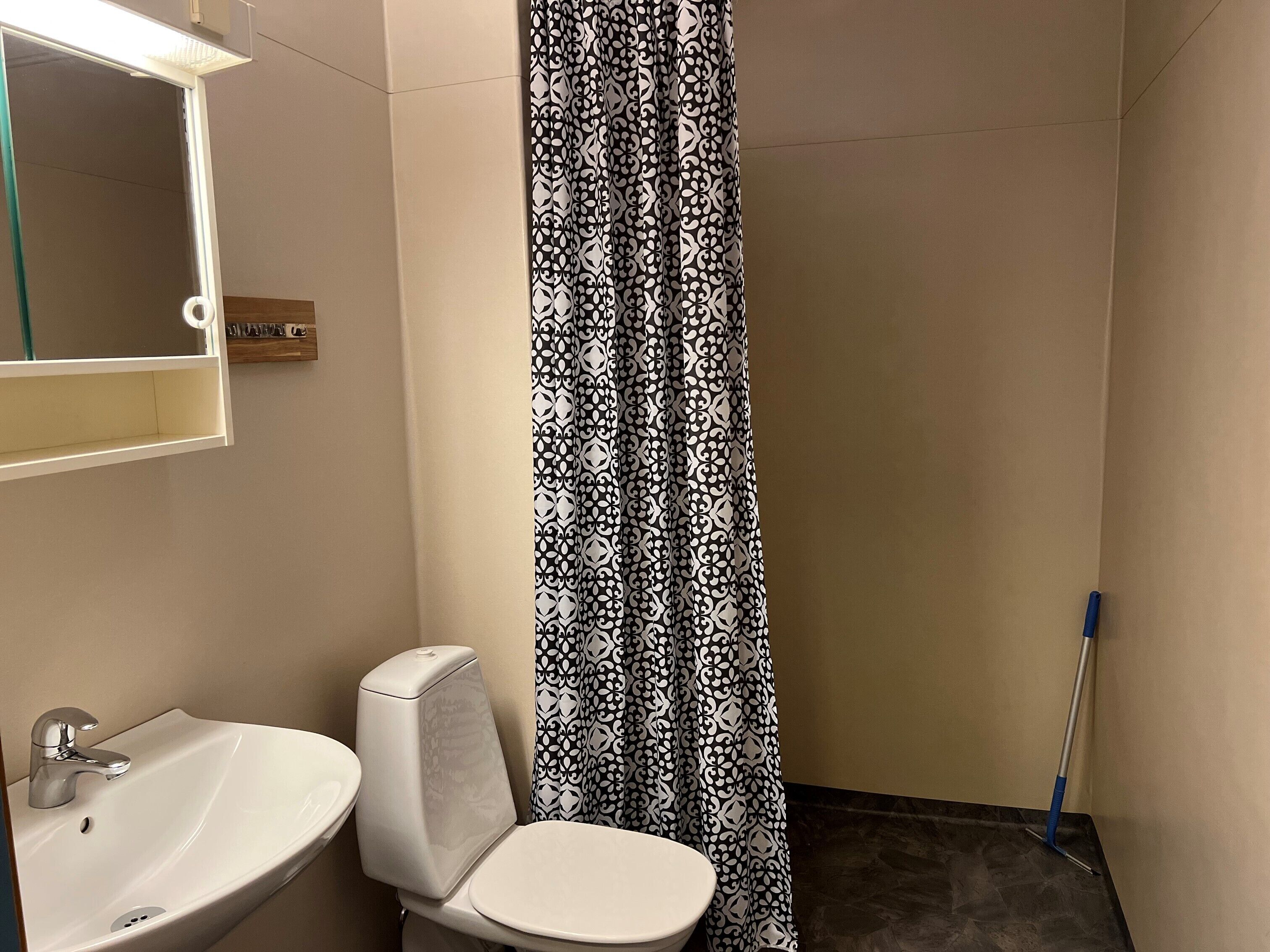 A bathroom with a white sink, a toilet, and a shower curtain with a black and white pattern.