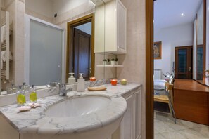 Shower, hair dryer, bidet, towels
