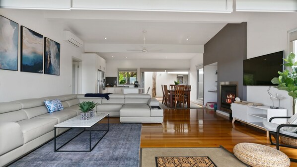 Televisión, chimenea y libros