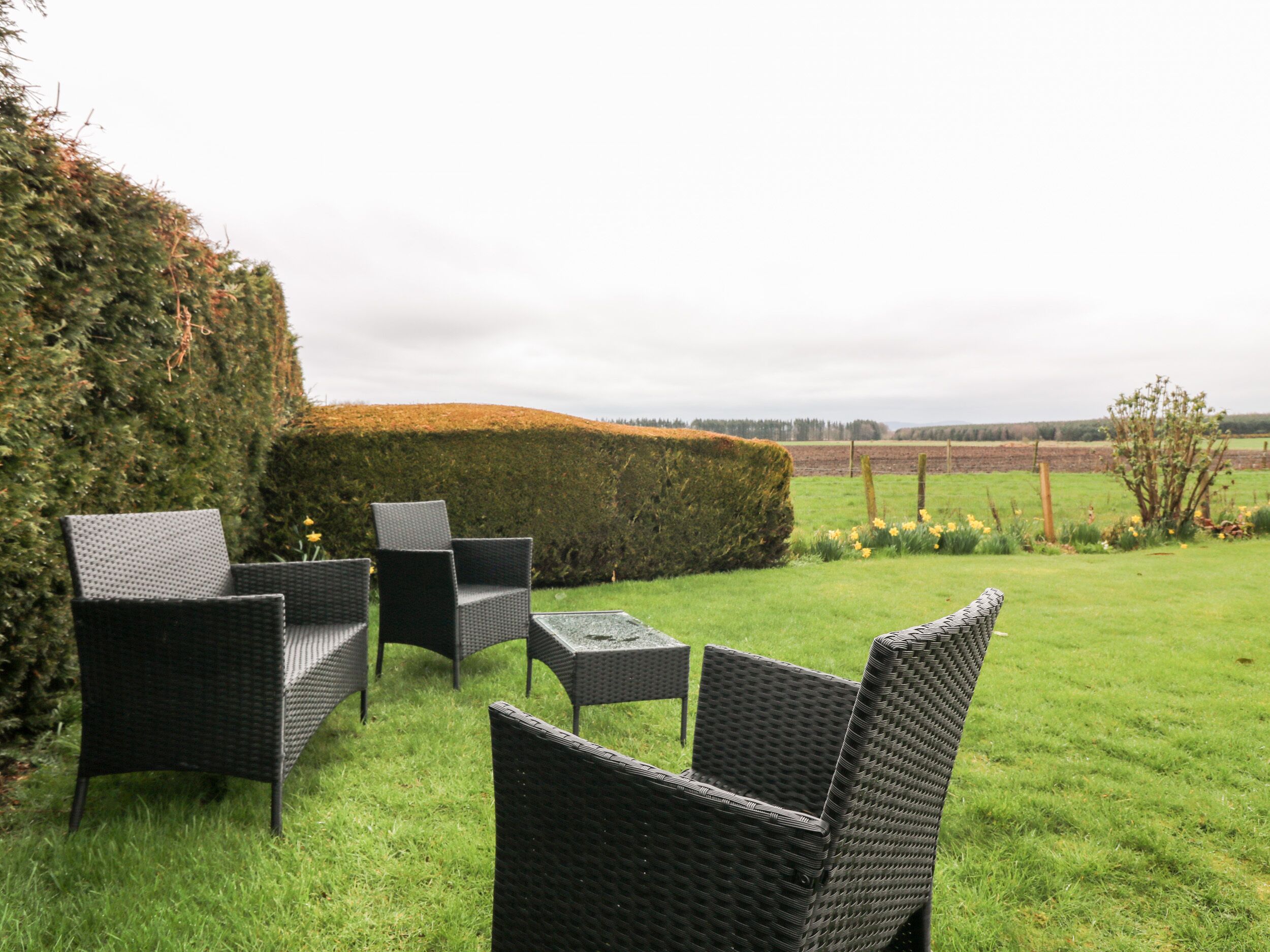 A patio with wicker furniture, a table, and a view of a field and hedge.