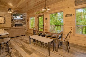 TV, fireplace, video games, table football - Alpine Splash: INDOOR POOL, Movie Room, Games, Hot tub, Wifi, near Attractions! (Pigeon Forge)