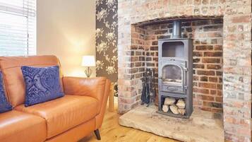 TV, fireplace, books, offices