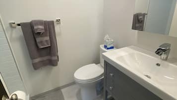 Duschwanne, Haartrockner, Handtücher