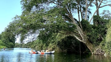 Escena de un río con una barca transportando personas.
