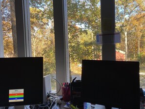 Work in comfort with a desk and two computer monitors, overlooking a serene wooded area.
