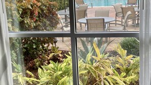A hotel room with a view of a pool area, outdoor seating, and various plants.