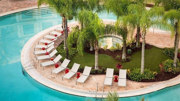 A pool with lounge chairs and palm trees.