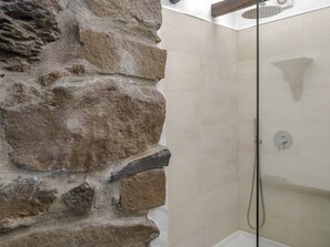 Shower, hair dryer, towels, shampoo