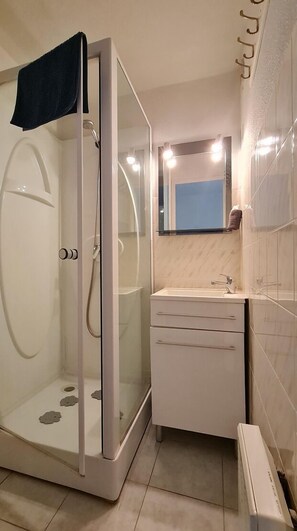 Shower, hair dryer, toilet paper