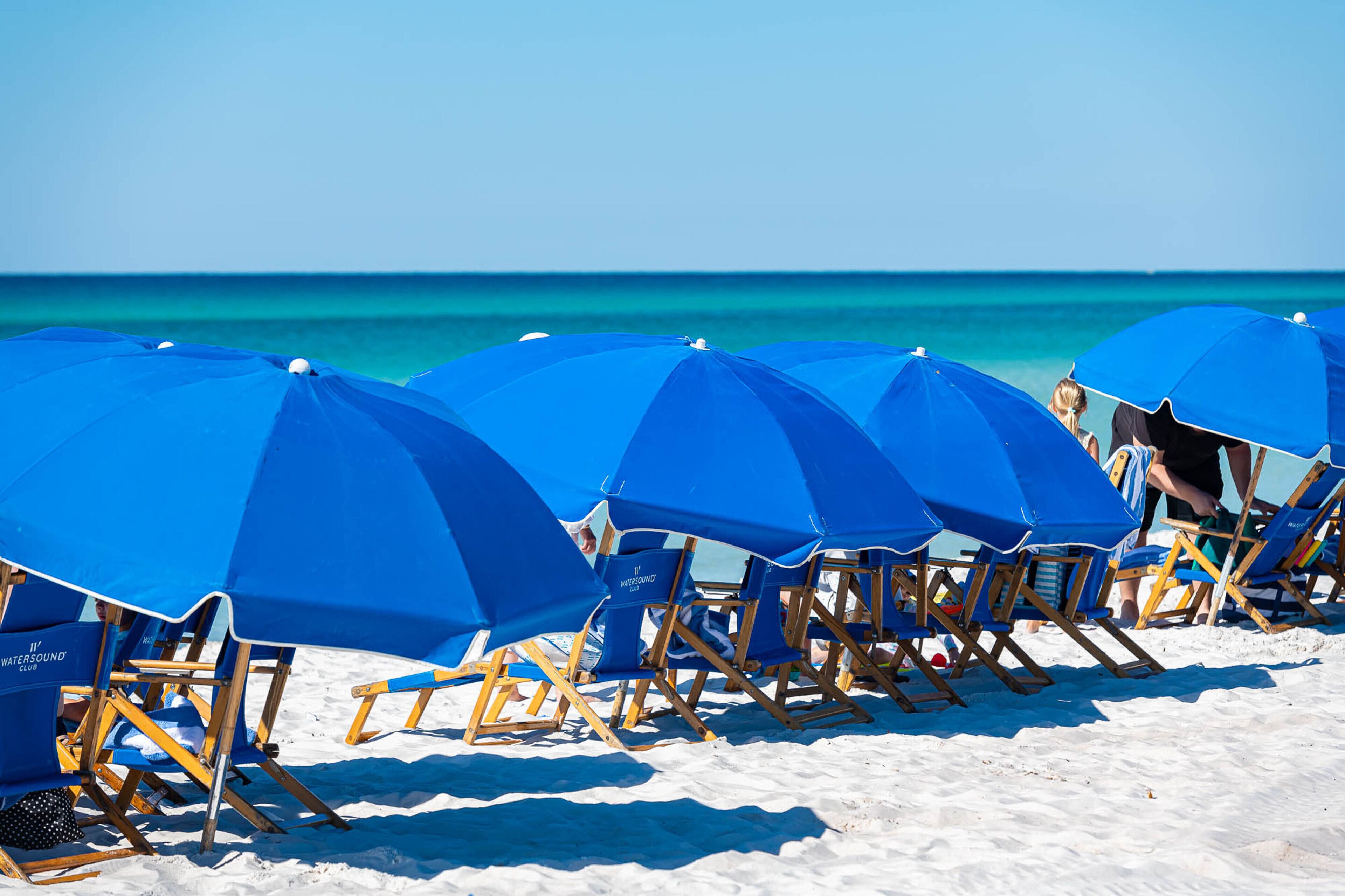 A beach with rows of blue umbrellas and wooden beach chairs.