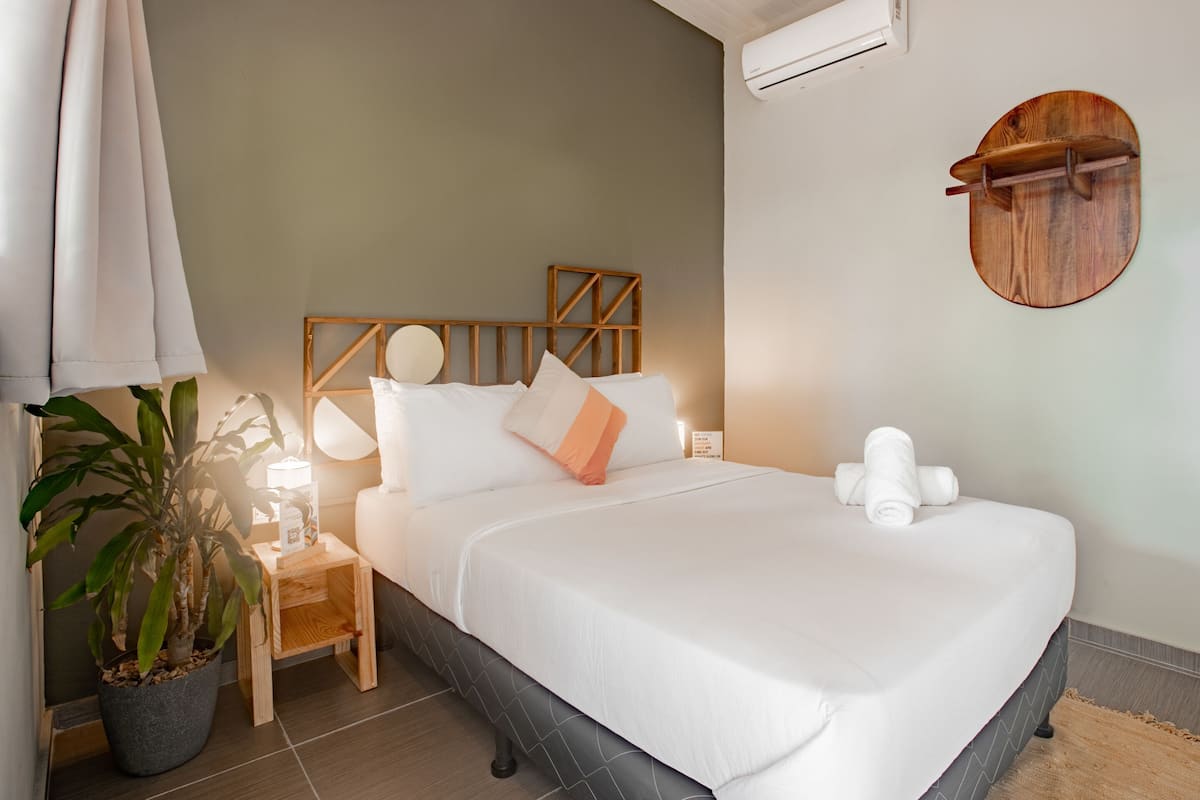 A neatly made bed with white bedding, a wooden headboard, a small bedside table with a lamp, and a potted plant.
