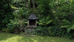 A stone-built outdoor grill surrounded by lush greenery and ferns.