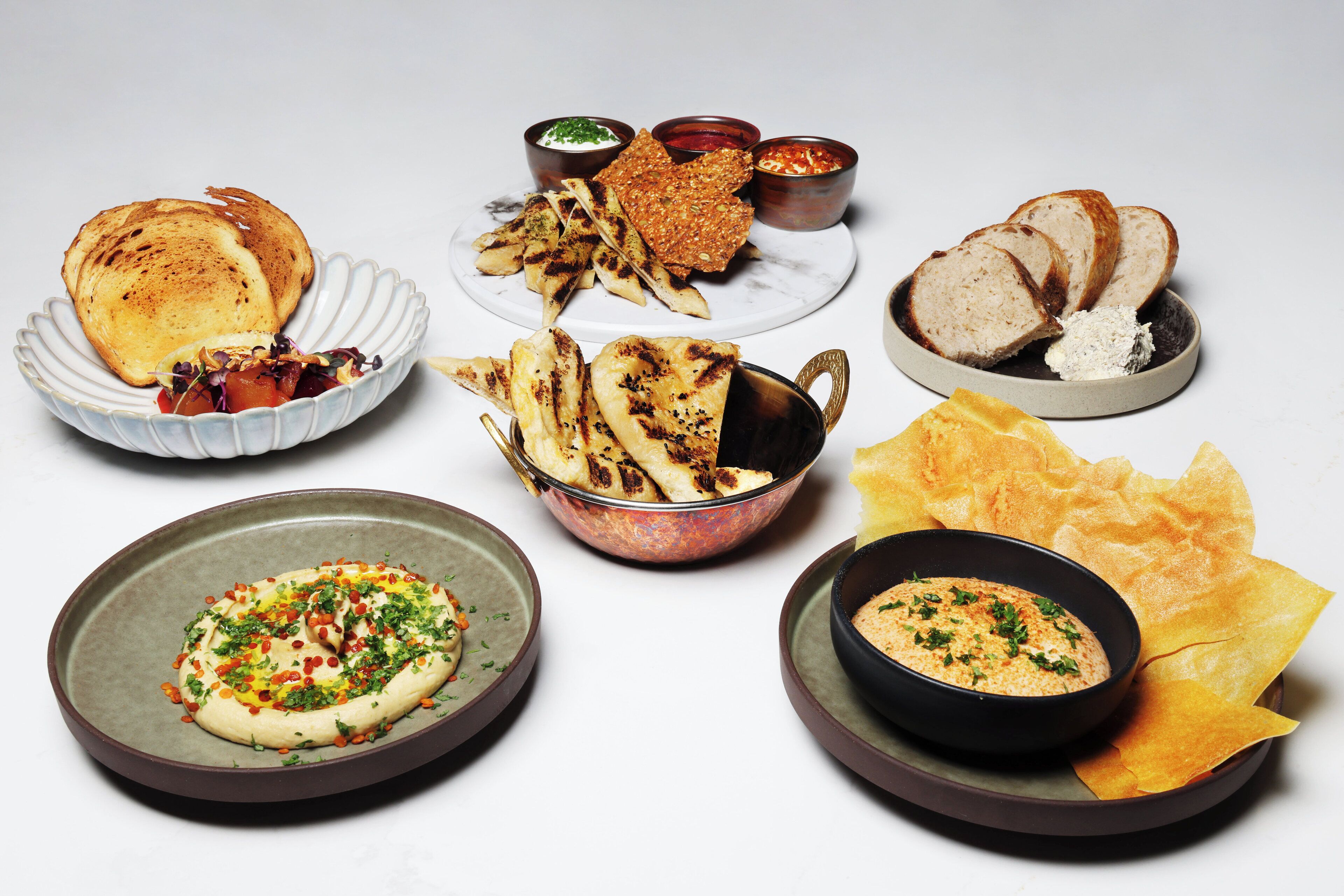 A variety of dishes including grilled items, flatbreads, and dips on a white background.