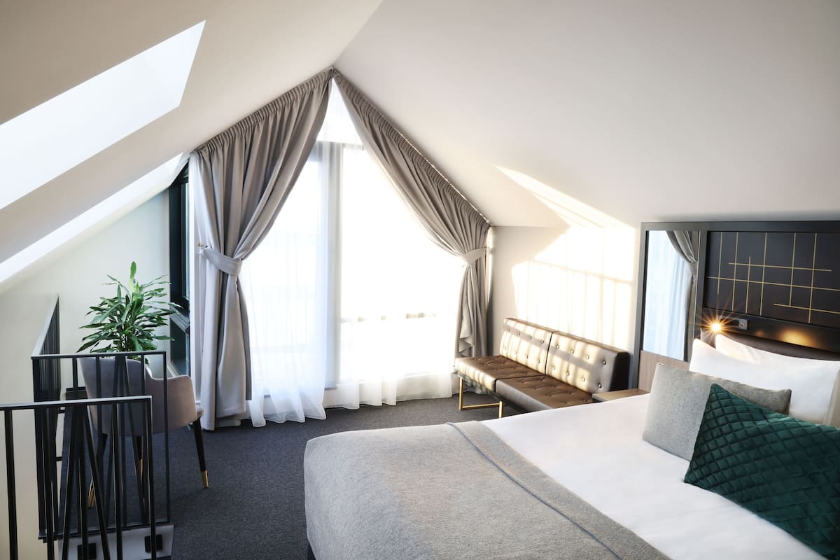 A modern hotel room with a large bed, a bench, a potted plant, and a view of the outdoors.