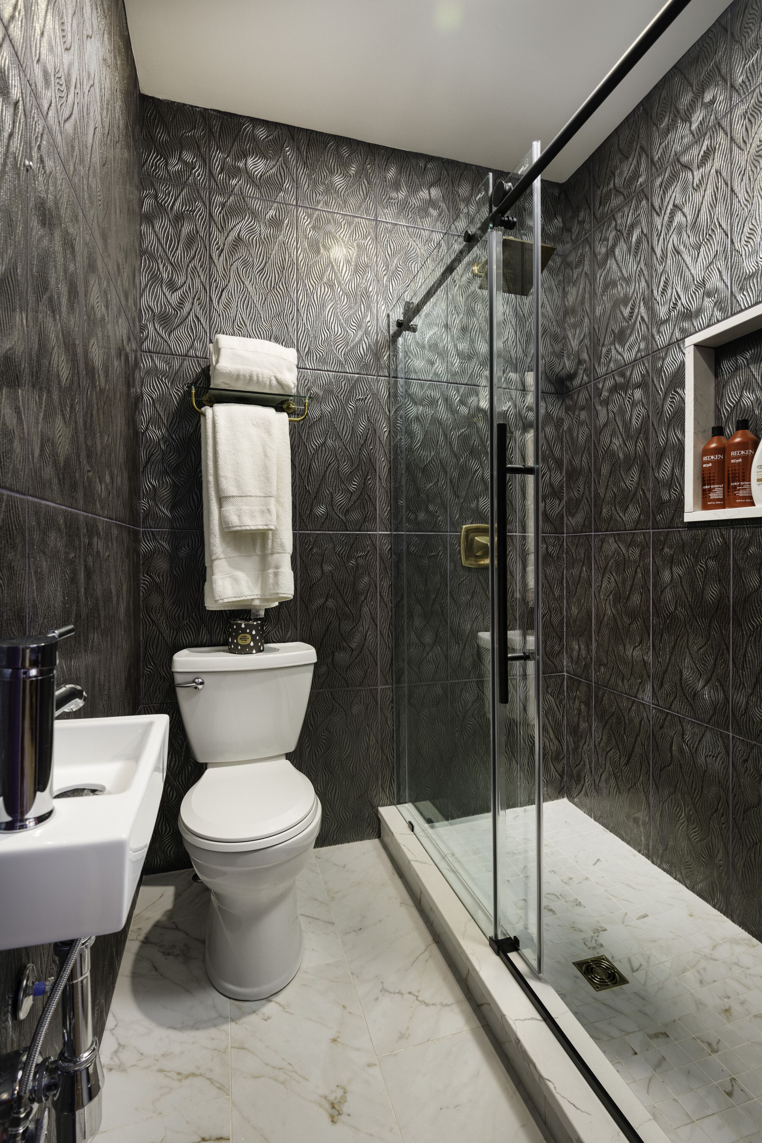 king - the plum room | bathroom | shower, hair dryer, towels, soap