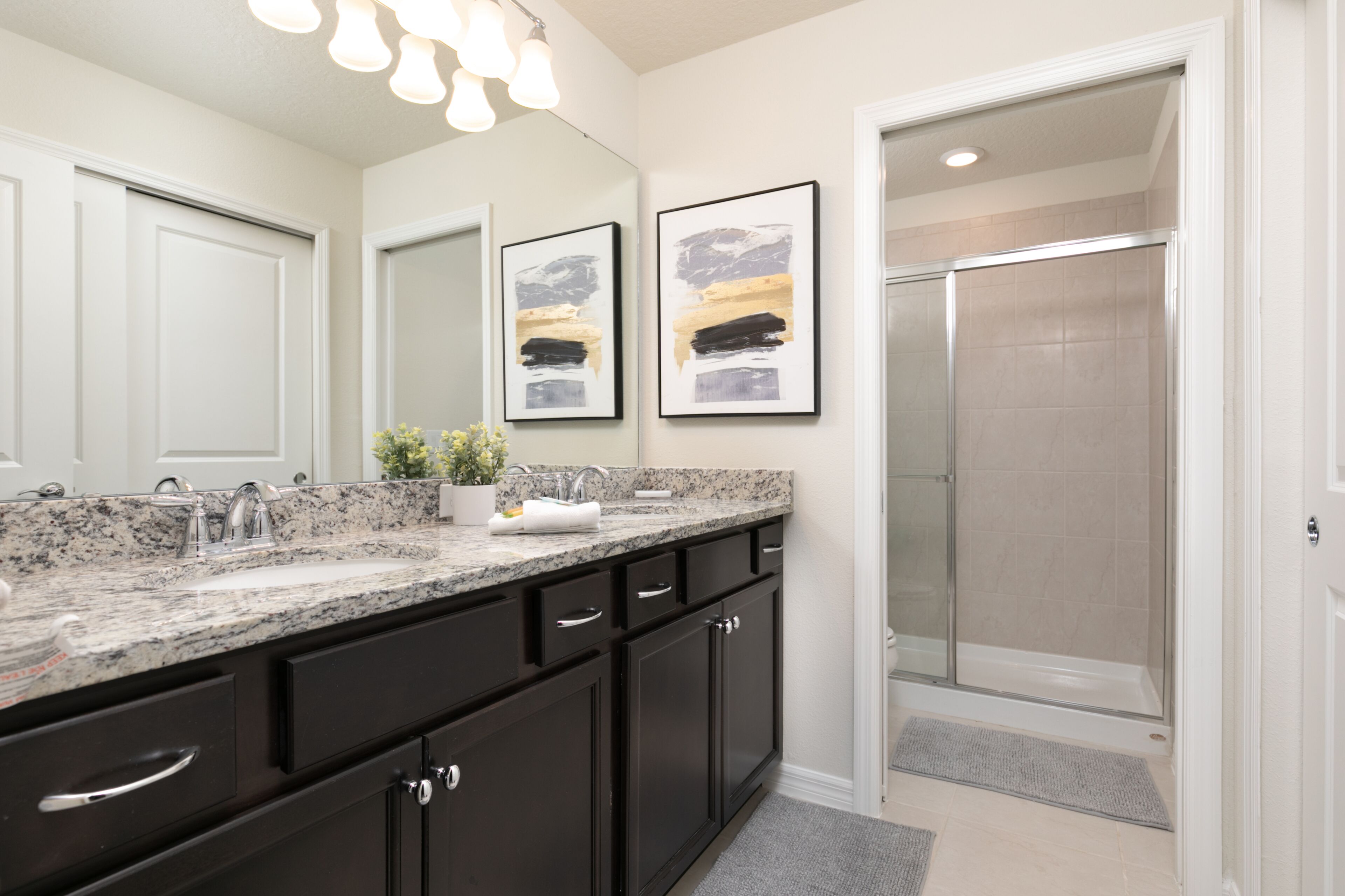 A modern bathroom with a granite countertop, dark cabinetry, a glass shower enclosure, and two framed abstract paintings.