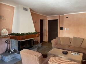 TV connectée, cheminée, livres